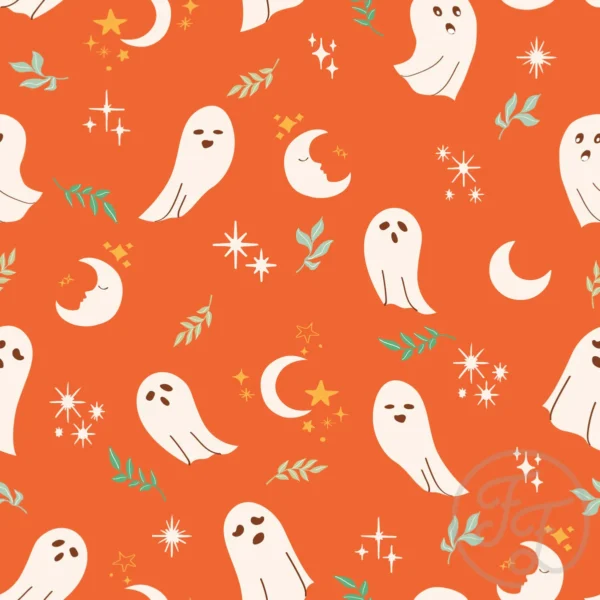 Ghost, stars & moon in Halloween orange