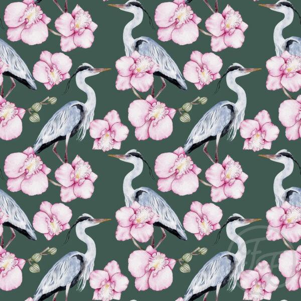 Heron and Flowers Dark Green