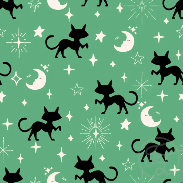 Black cats, moon & stars in dusty green