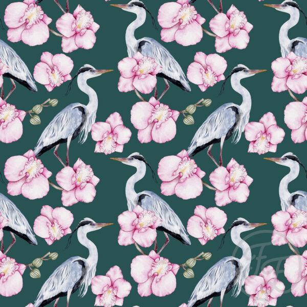 Heron and Flowers Dark Teal