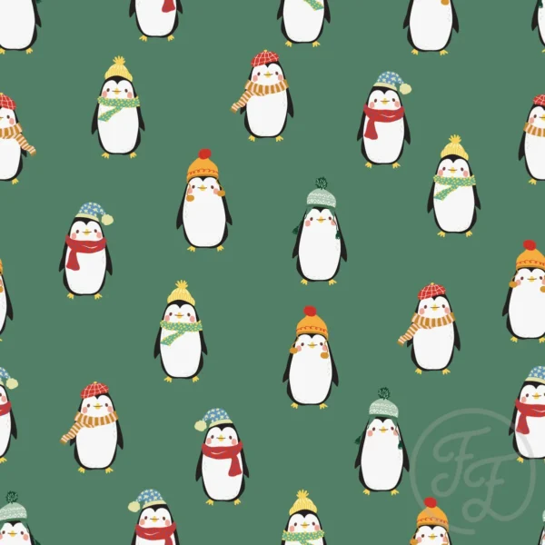 Penguin with beanies & scarves in tealish green