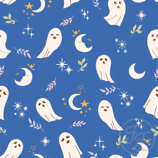 Ghost, stars & moon in flat blue