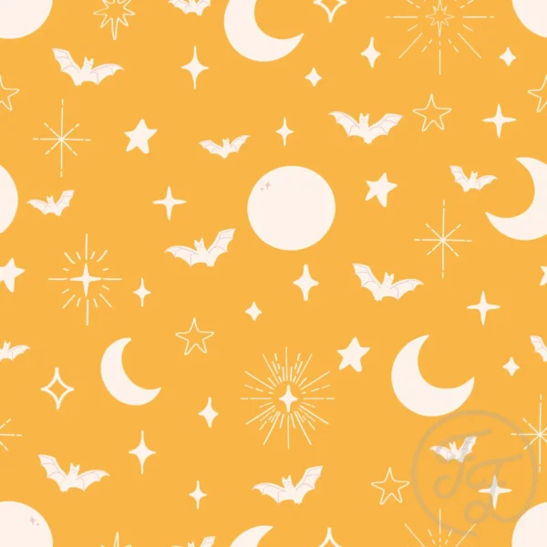 Moon, stars & bats Halloween in butterscotch