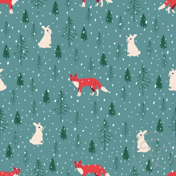 Fox & rabbit in grey teal