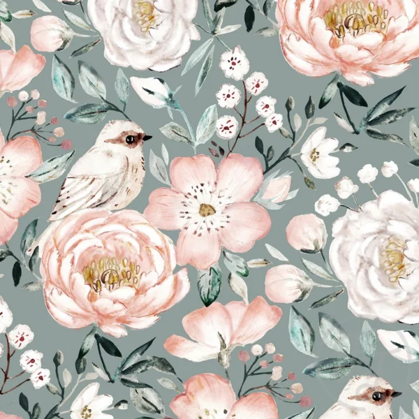 Dog Rose and Peony Green Retro