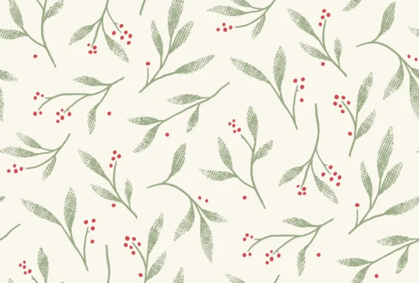 Winter Mistletoe Branches Green on Cream
