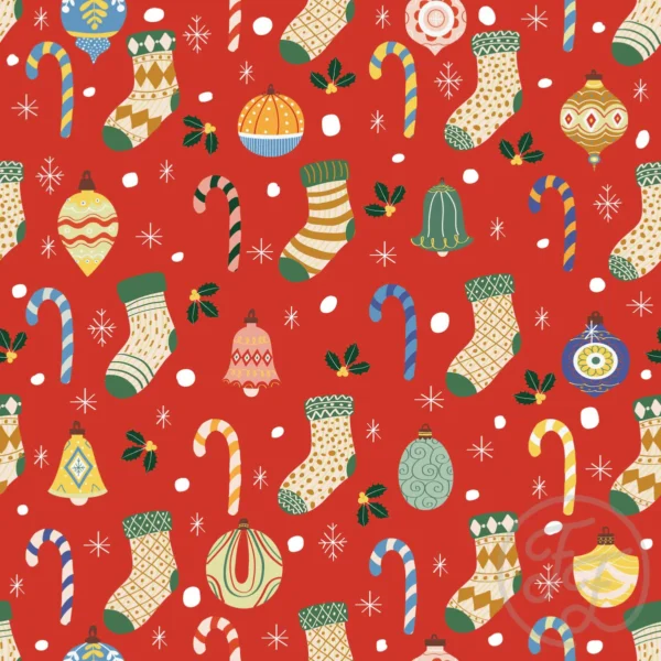 Stockings, candies, snow & bells in red