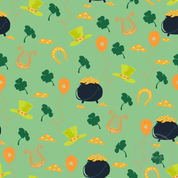 St Patrick's Day, Shamrok, Pot Gold, Horsehoe & Music in Muted Green