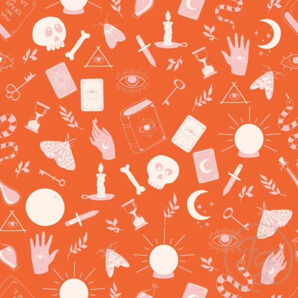 Crystal ball, hands, keys & bones in Halloween orange