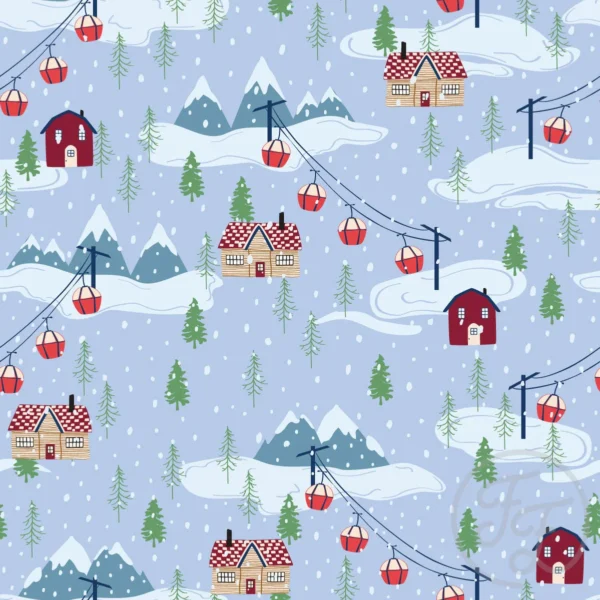 Snowy mountain, cable car and trees in light bue grey