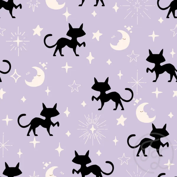 Black cats, moon & stars in purple