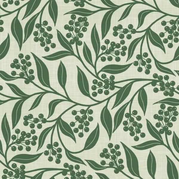 Christmas Foliage and Berries Dark Green on Soft Green