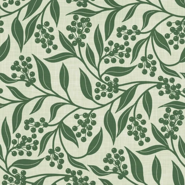 Christmas Foliage and Berries Dark Green on Soft Green
