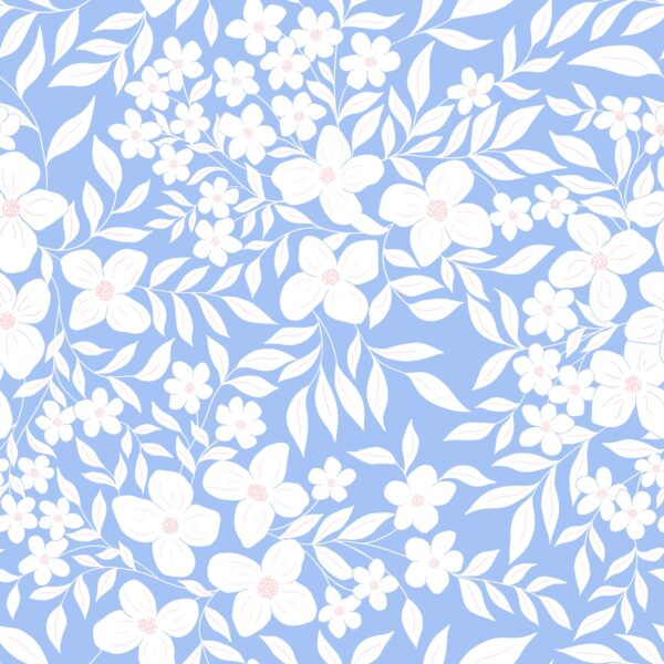 White Silhoutte Flowers on Blue