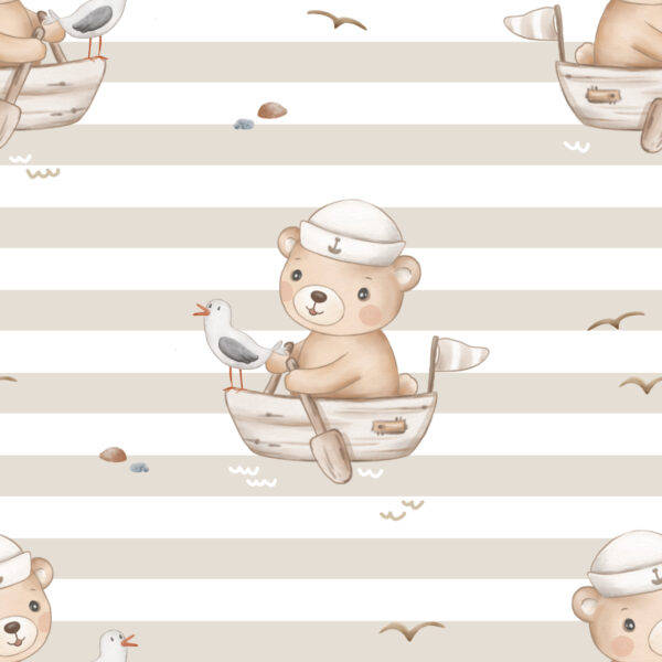 Bear on Boat Ecru Stripes
