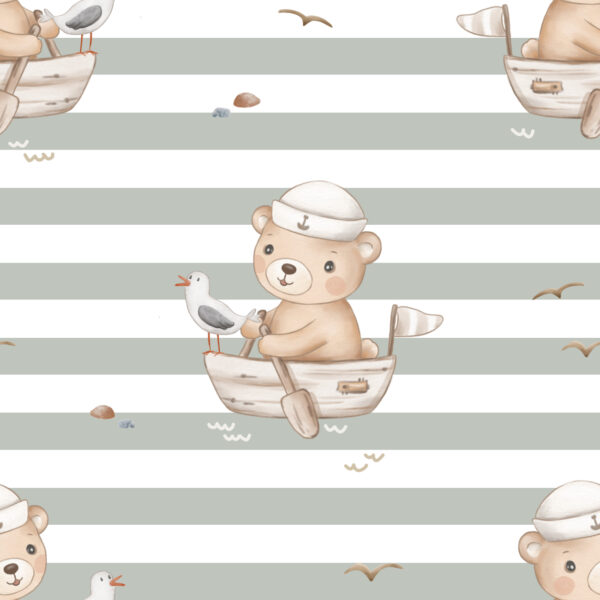 Bear on Boat Sage Stripes