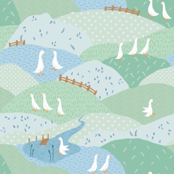 Geese Meadow Green Blue